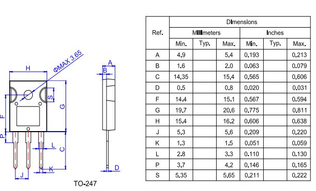 60A/200V快恢復二極管HFD6020HD結構與尺寸表