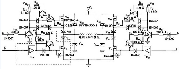 圖2給出了驅(qū)動器AB相線圈功率驅(qū)動部分原理圖