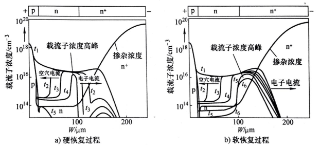 圖2 功率二極管的摻雜濃度分布及反向恢復期間載流子空穴的衰減過程