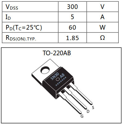 N溝道增強型5A/300V MOSFET