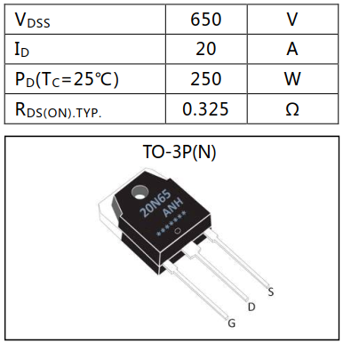 N溝道增強(qiáng)型20A/650V MOSFET